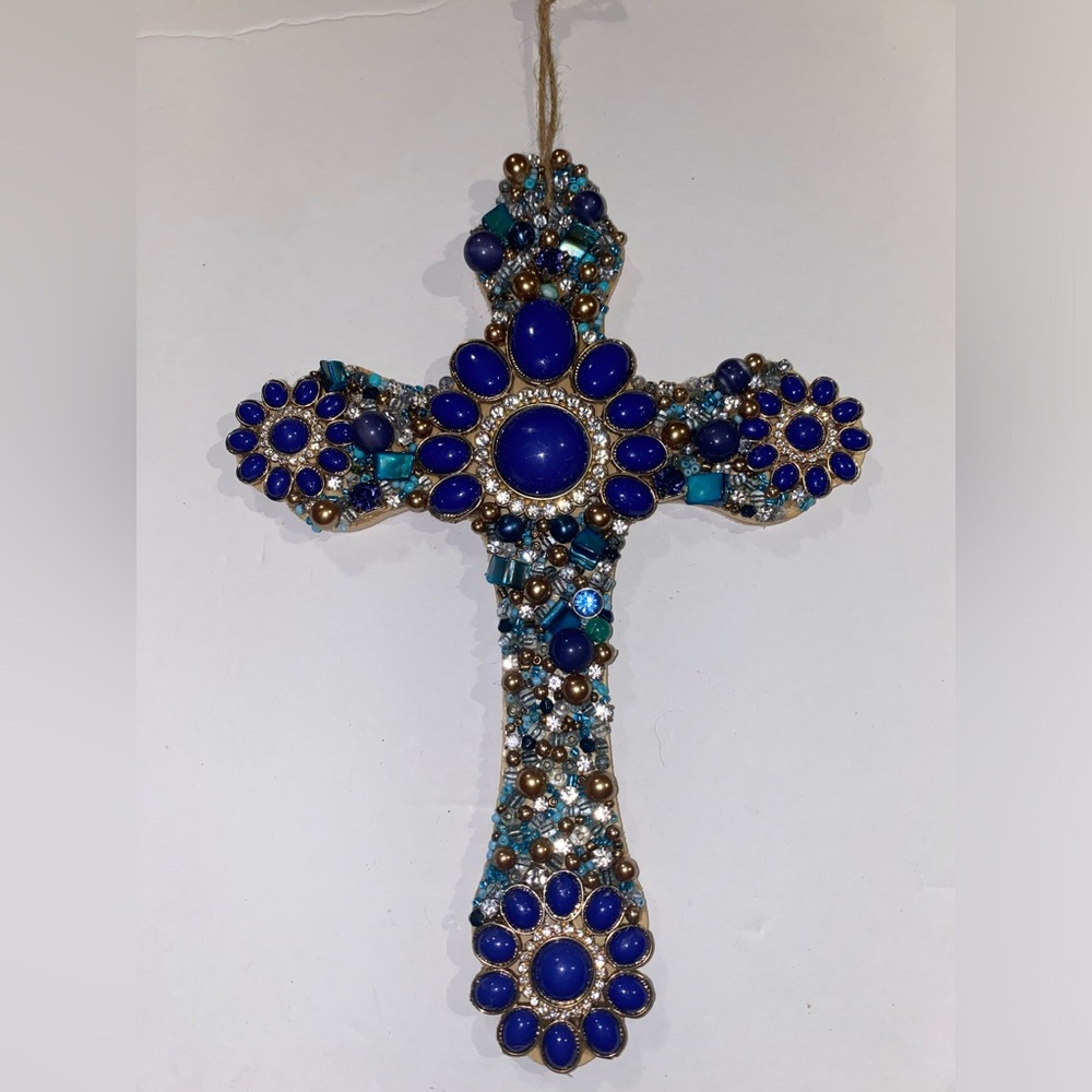 Artisanal Wood ✝️ w/Repurposed Jewelry 💙, 💚, gold Hues Colors & Rhinestones